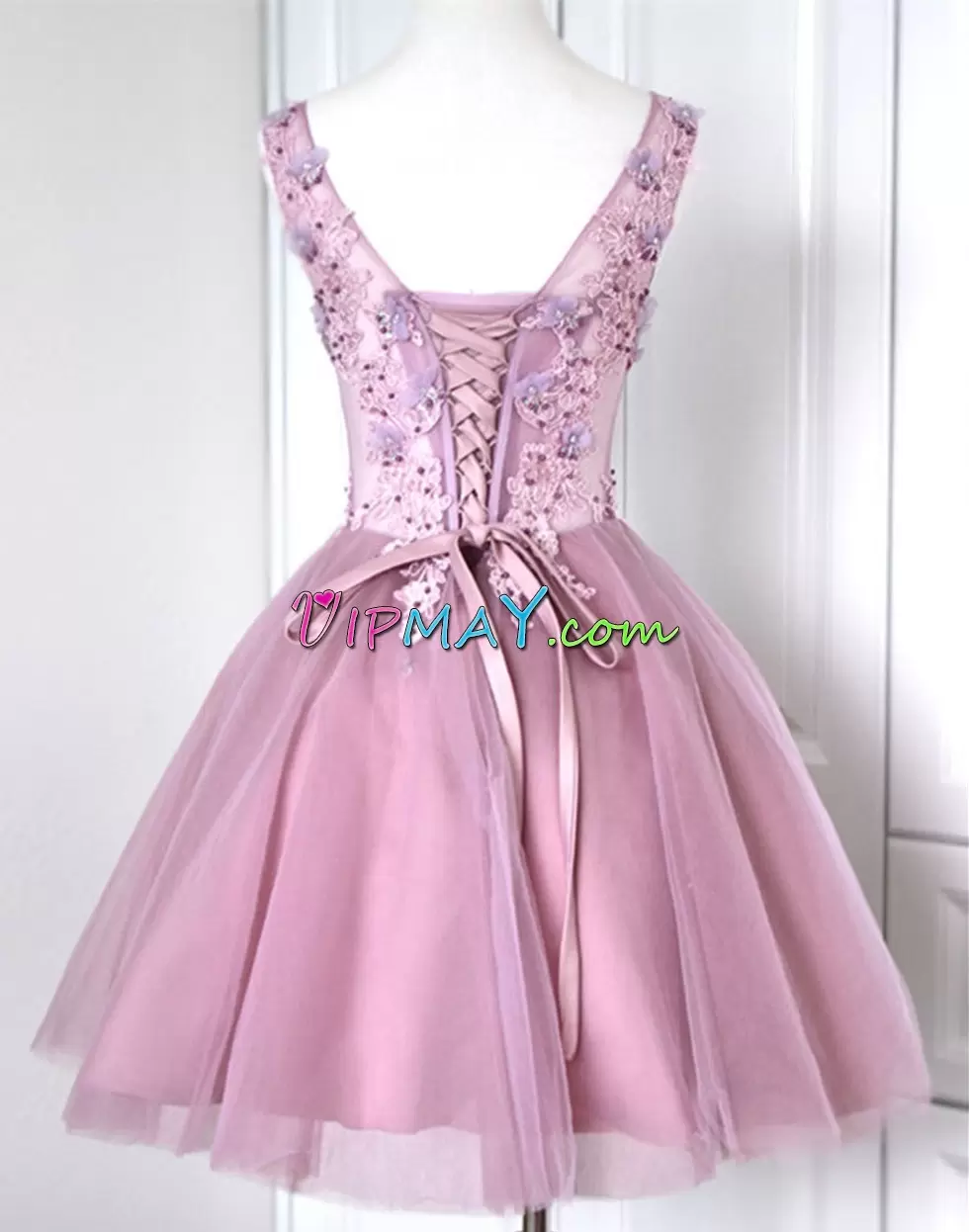 Unique Lilac A-line V-neck Sleeveless Tulle Mini Length Lace Up Hand Made Flower Homecoming Party Dress