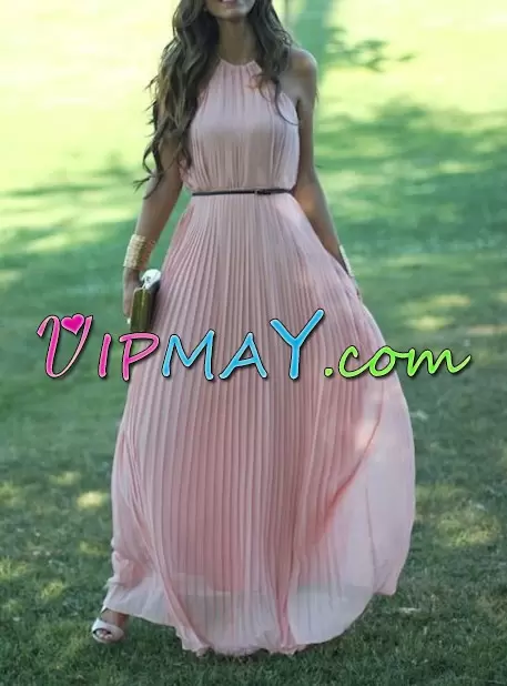 A-line Evening Dress Pink Halter Top Chiffon Sleeveless Floor Length Lace Up