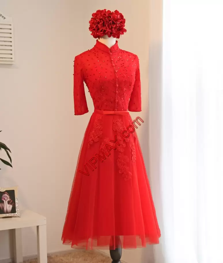 Modern Red Half Sleeves Beading and Appliques Tea Length Junior Homecoming Dress