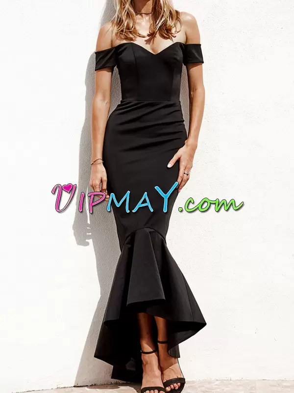 Discount Short Sleeves High Low Ruching Zipper Dress for Prom with Black