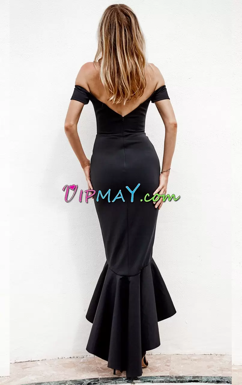 Discount Short Sleeves High Low Ruching Zipper Dress for Prom with Black