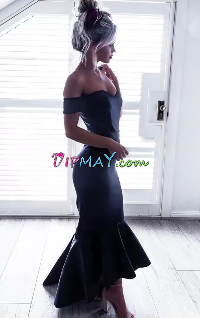 Discount Short Sleeves High Low Ruching Zipper Dress for Prom with Black