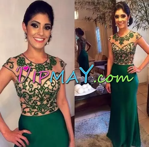 Hot Selling Cap Sleeves Floor Length Appliques Lace Up Juniors Evening Dress with Dark Green