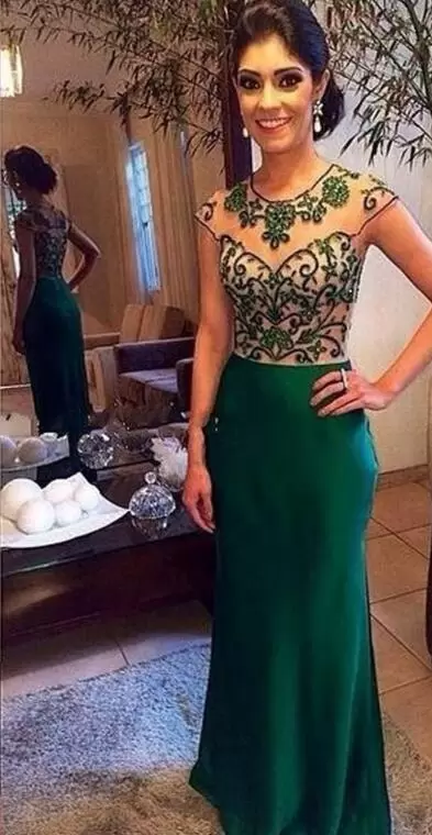 Hot Selling Cap Sleeves Floor Length Appliques Lace Up Juniors Evening Dress with Dark Green