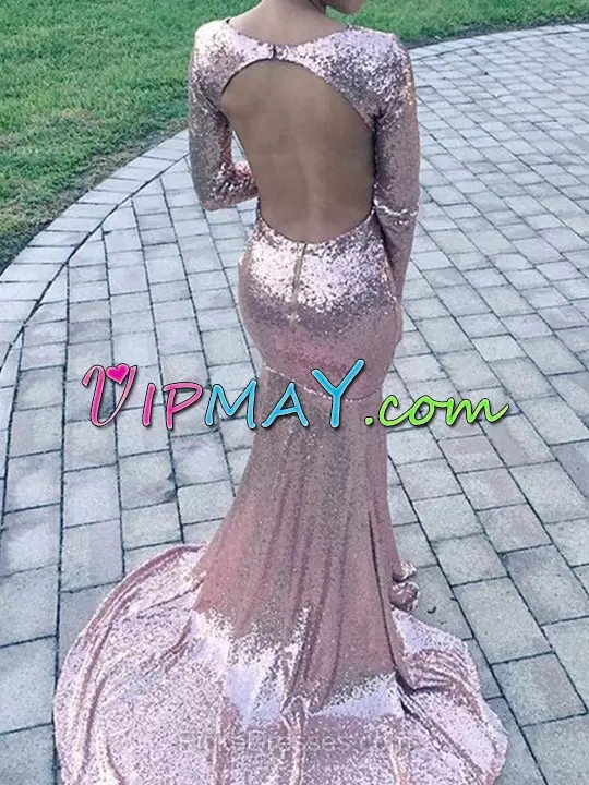 Pink Hoco Dress Prom and Party with Sequins V-neck Long Sleeves Brush Train Backless