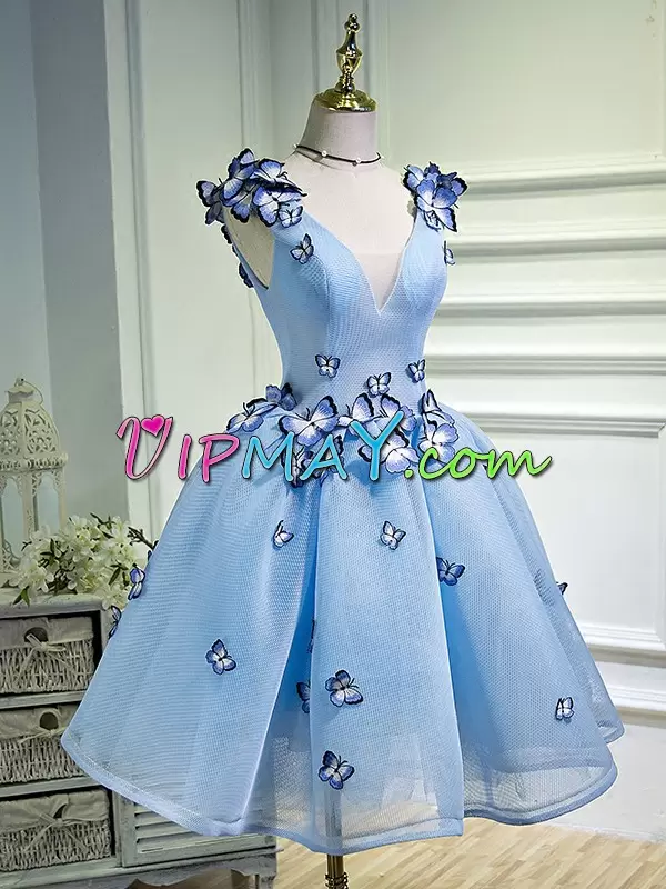 V-neck Sleeveless Prom Gown Mini Length Ruching and Hand Made Flower Aqua Blue Tulle