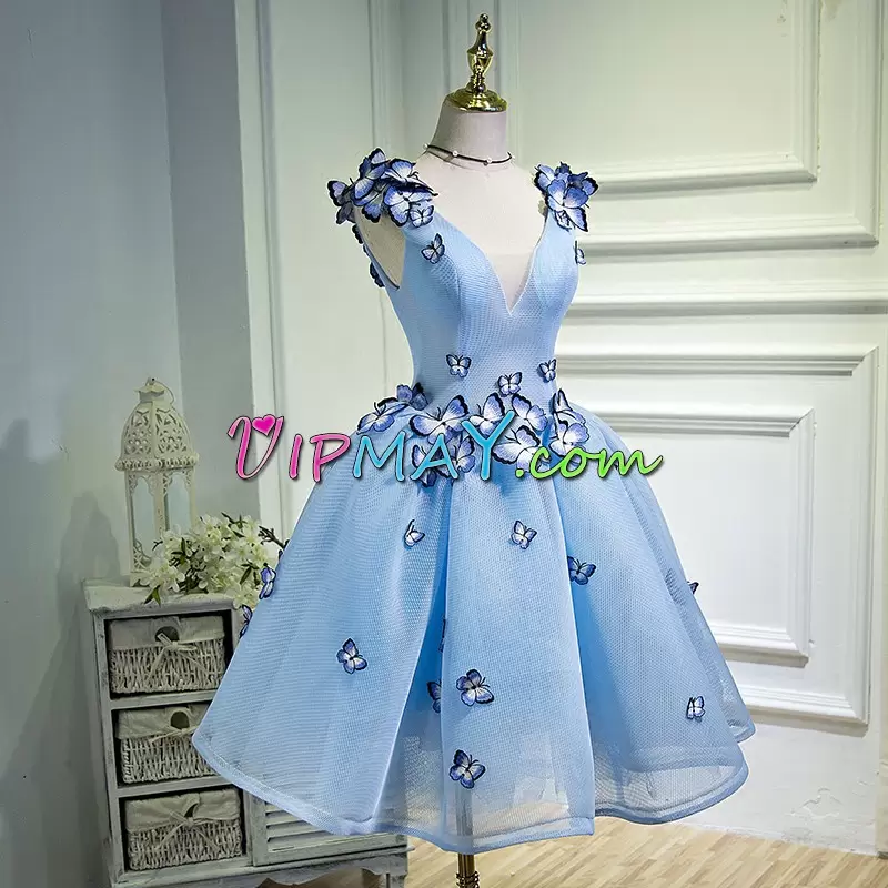 V-neck Sleeveless Prom Gown Mini Length Ruching and Hand Made Flower Aqua Blue Tulle