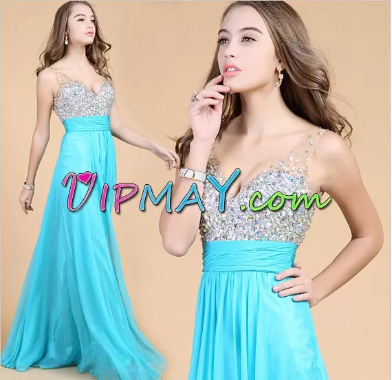 Noble V-neck Sleeveless Evening Dress Floor Length Beading Aqua Blue Chiffon