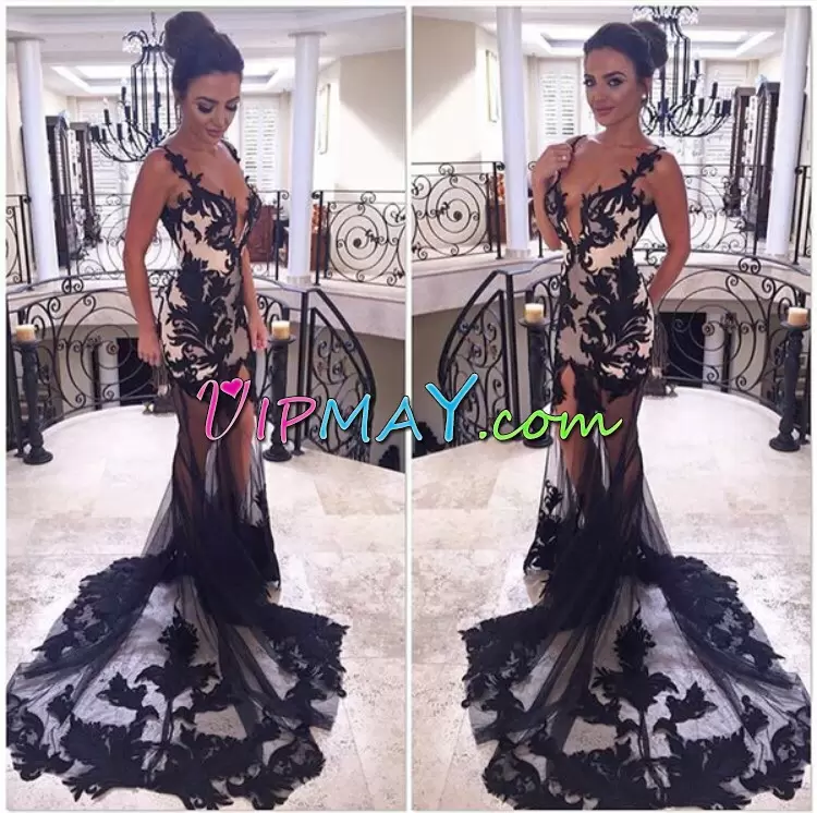 Deluxe Black Sleeveless Tulle Sweep Train Lace Up Prom Party Dress for Prom and Party