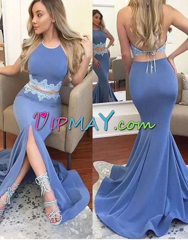 Sumptuous Blue Sleeveless Sweep Train Backless for Prom and Party
