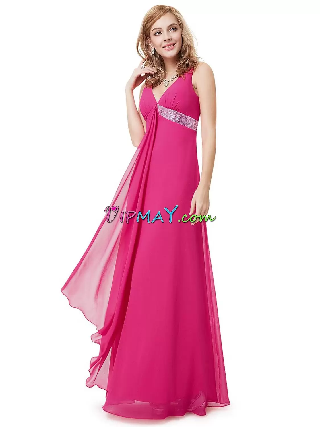 Captivating Floor Length Hot Pink Homecoming Dress V-neck Sleeveless Sweep Train Lace Up