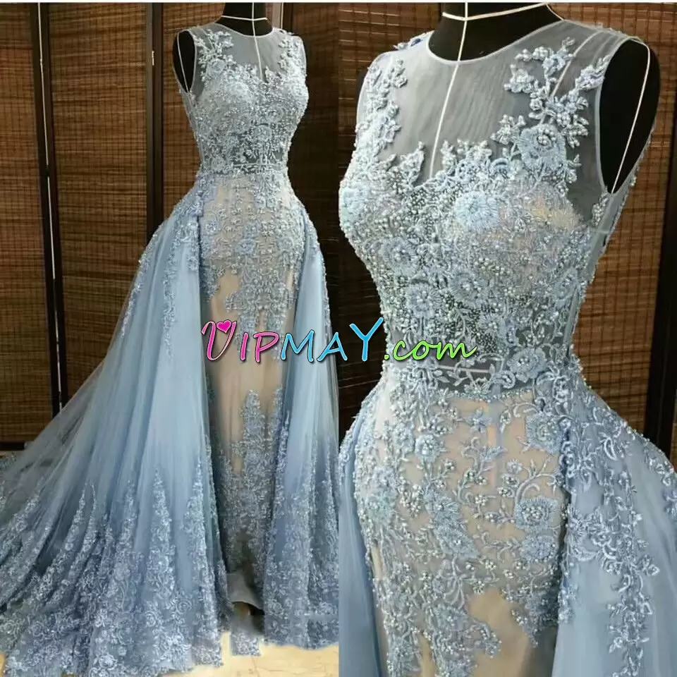 Popular Sleeveless Satin and Lace Floor Length Sweep Train Lace Up Hoco Dress in White with Beading and Lace