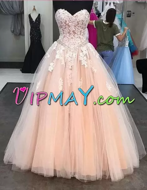 Hot Sale Sweetheart Sleeveless Organza and Tulle Dress for Prom Beading and Lace Sweep Train Lace Up