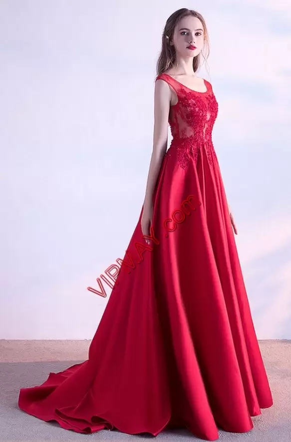 Fashion Satin Sleeveless Prom Gown Sweep Train and Lace and Appliques