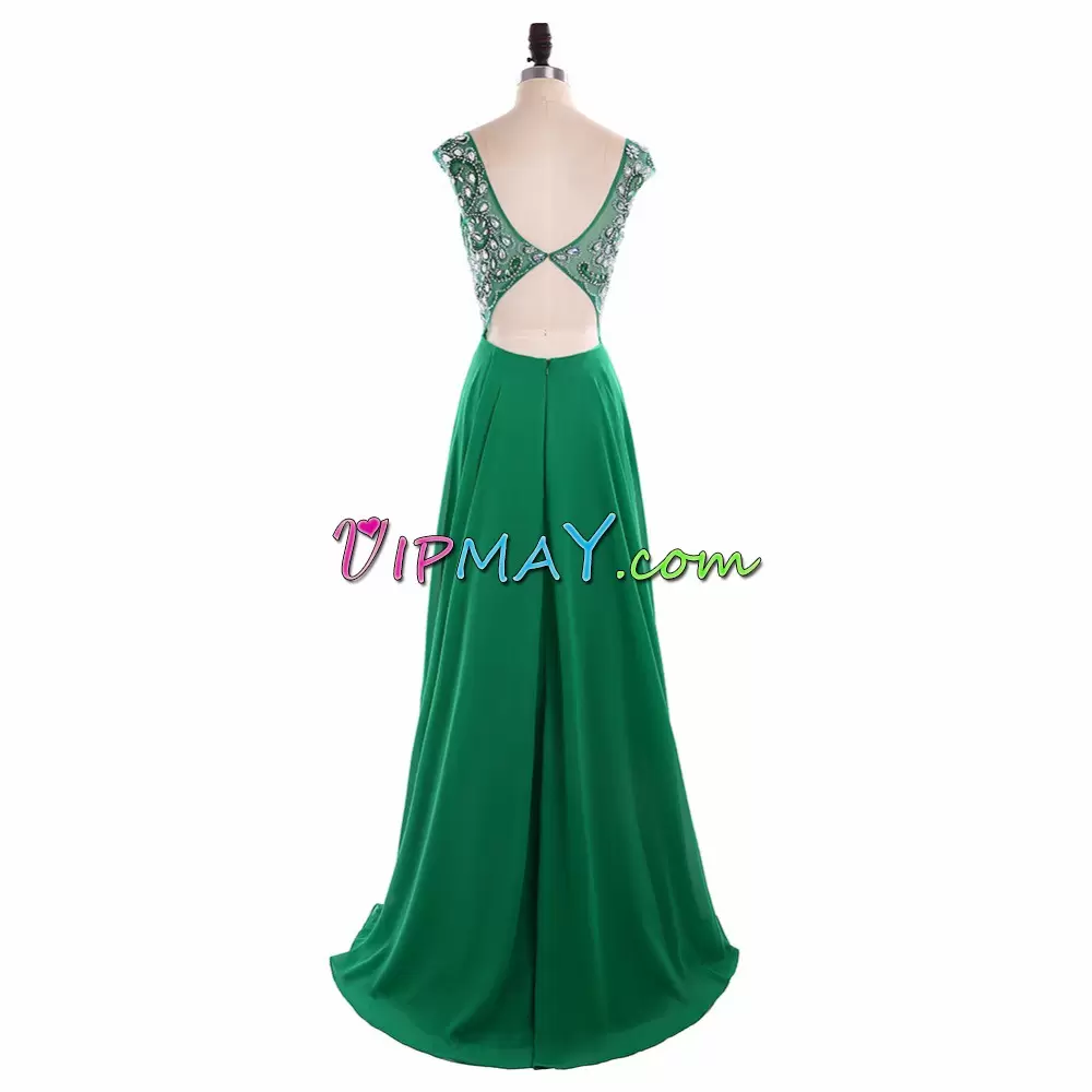 Modest Chiffon V-neck Long Sleeves Backless Beading and Appliques Junior Homecoming Dress in Green