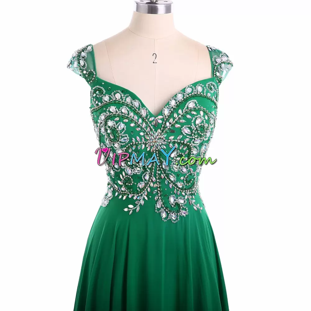 Modest Chiffon V-neck Long Sleeves Backless Beading and Appliques Junior Homecoming Dress in Green