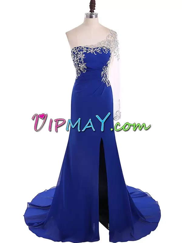 Best Selling Sweep Train Mermaid Royal Blue One Shoulder Chiffon Long Sleeves Backless