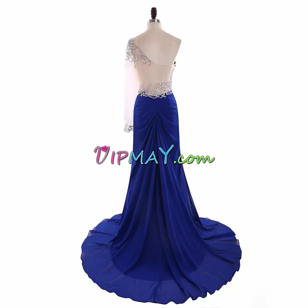 Best Selling Sweep Train Mermaid Royal Blue One Shoulder Chiffon Long Sleeves Backless