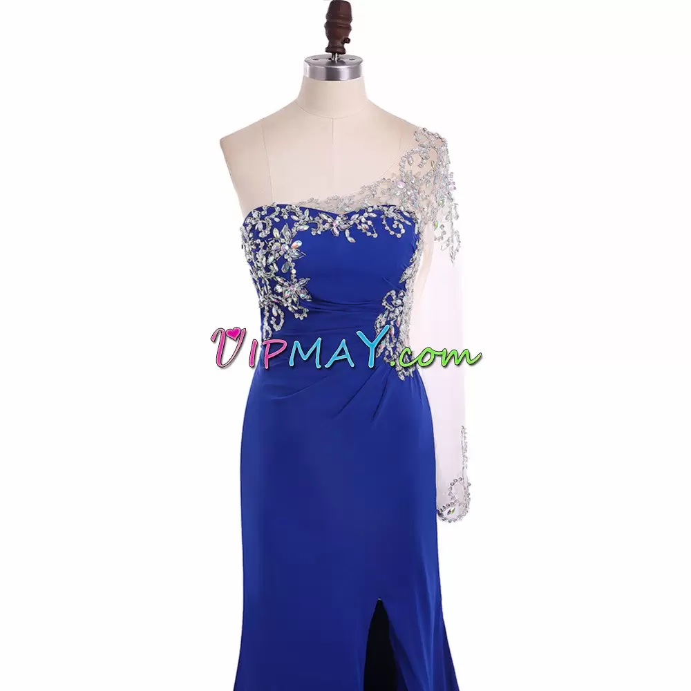 Best Selling Sweep Train Mermaid Royal Blue One Shoulder Chiffon Long Sleeves Backless