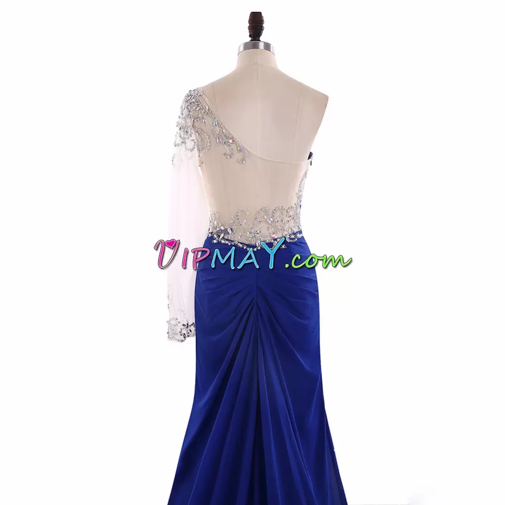 Best Selling Sweep Train Mermaid Royal Blue One Shoulder Chiffon Long Sleeves Backless