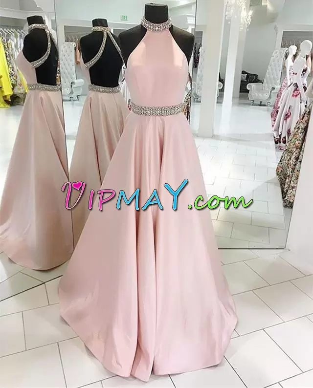 Floor Length A-line Sleeveless Pink Prom Dresses Backless