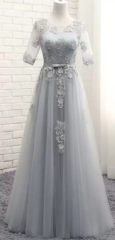 Floor Length A-line Short Sleeves Grey Homecoming Dress Lace Up