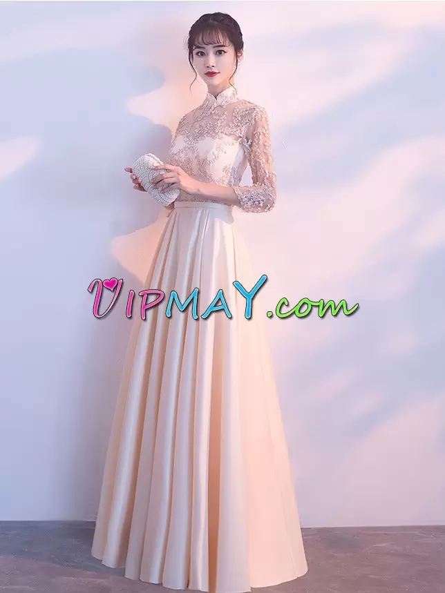 Sleeveless Satin Floor Length Lace Up Prom Dress in Peach with Beading and Lace