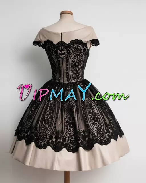 Excellent Ball Gowns Black Straps Satin Cap Sleeves Mini Length Zipper