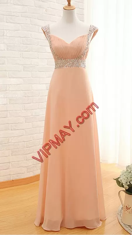 A-line Peach Straps Chiffon Sleeveless Floor Length Lace Up