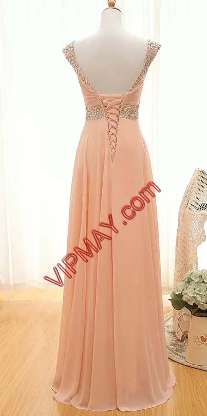 A-line Peach Straps Chiffon Sleeveless Floor Length Lace Up