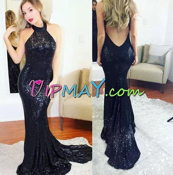 Gorgeous Black Column Sheath Sequined Halter Top Sleeveless Sequins Backless Junior Homecoming Dress Sweep Train