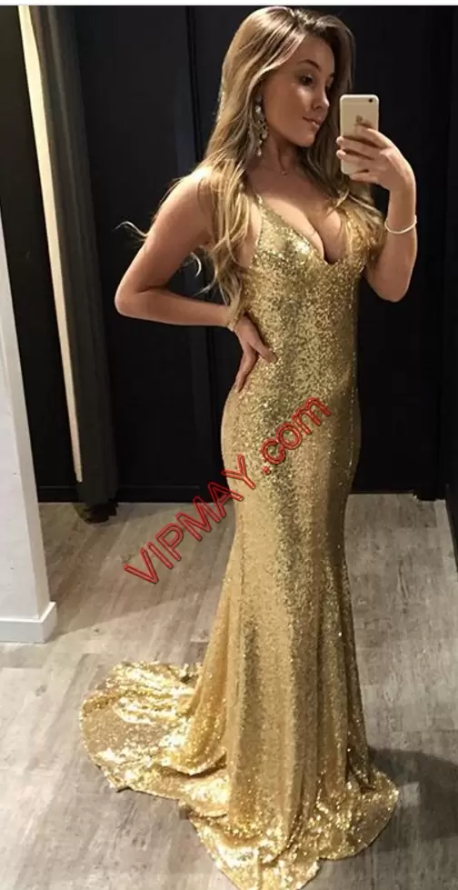 Stunning Sequined V-neck Sleeveless Brush Train Criss Cross Sequins Prom Gown in Gold