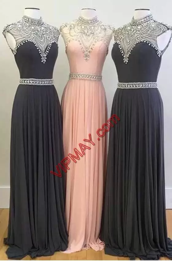 Sweetheart Sleeveless Homecoming Party Dress Floor Length Sweep Train Beading and Lace Black Satin and Chiffon