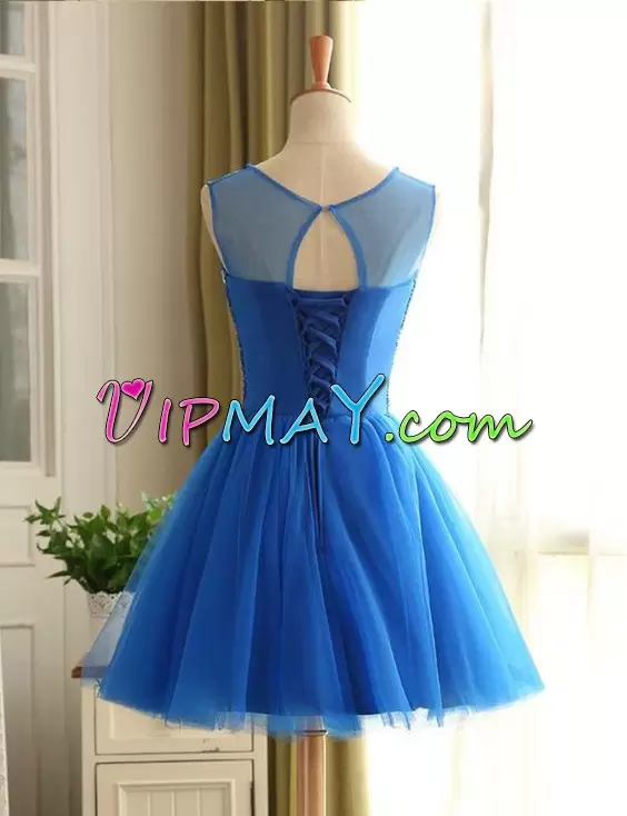 Royal Blue Tulle Beaded Bodice Short Prom Dress with Illusion See Through Neckline