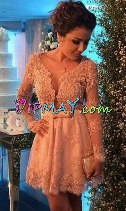 Flirting Long Sleeves V-neck Mini Length Lace and Appliques and Belt Dress for Prom V-neck