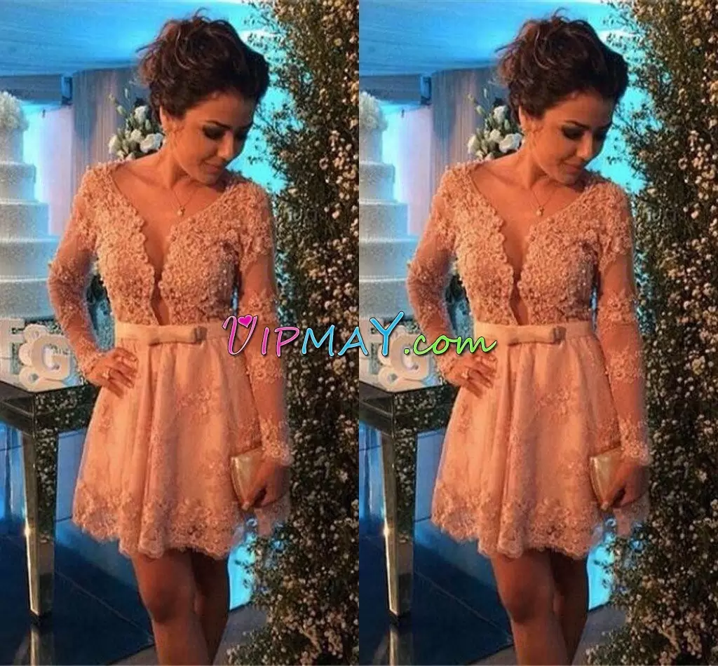 Flirting Long Sleeves V-neck Mini Length Lace and Appliques and Belt Dress for Prom V-neck