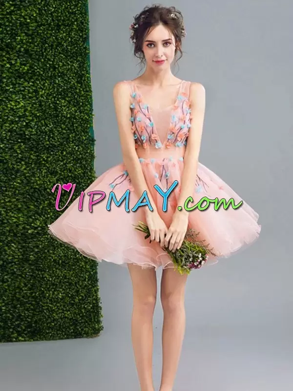 Straps Sleeveless Lace Up Prom Dresses Red and Pink Organza and Tulle Appliques