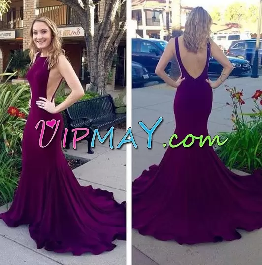 Wine Red Backless Prom Gown Ruffles Sleeveless Floor Length Brush Train