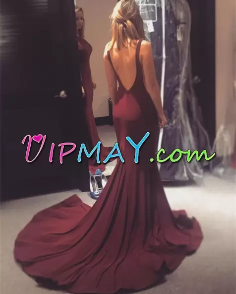 Wine Red Backless Prom Gown Ruffles Sleeveless Floor Length Brush Train