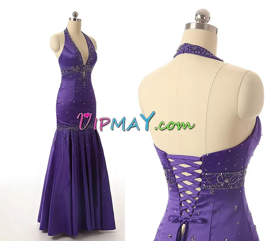 Purple Sleeveless Beading Floor Length Prom Party Dress