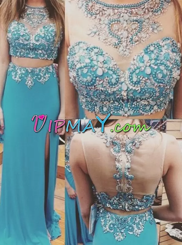 Graceful Side Zipper Homecoming Party Dress Aqua Blue for Prom and Party with Beading Sweep Train