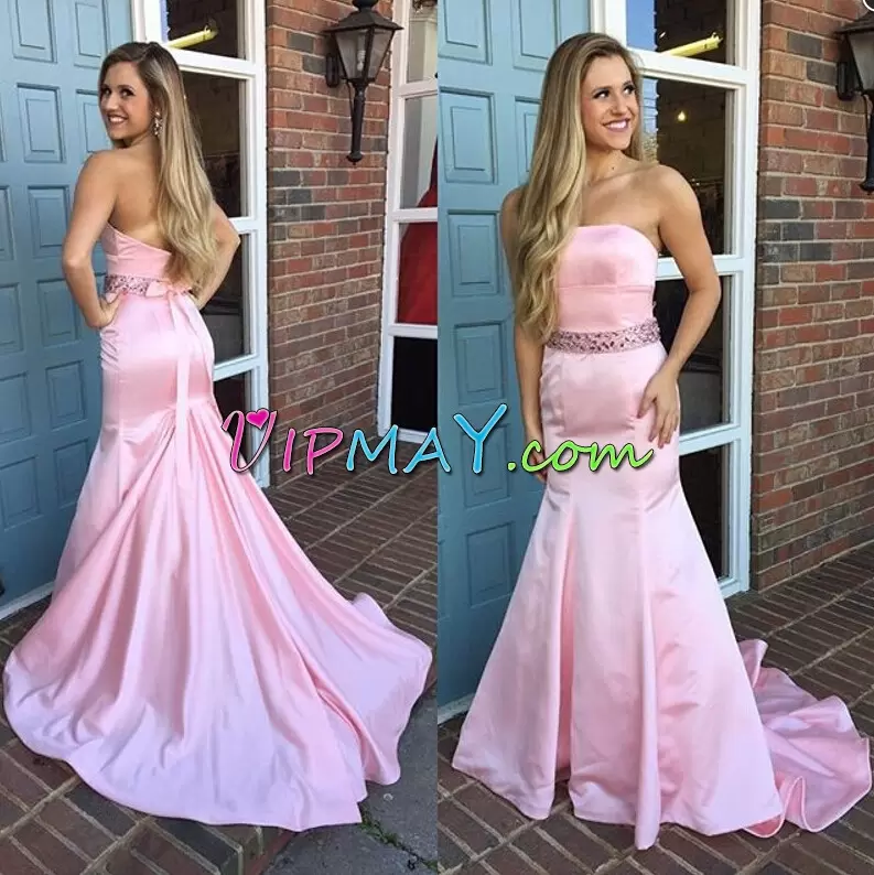 Watteau Train Mermaid Evening Dress Pink Strapless Satin Sleeveless Backless