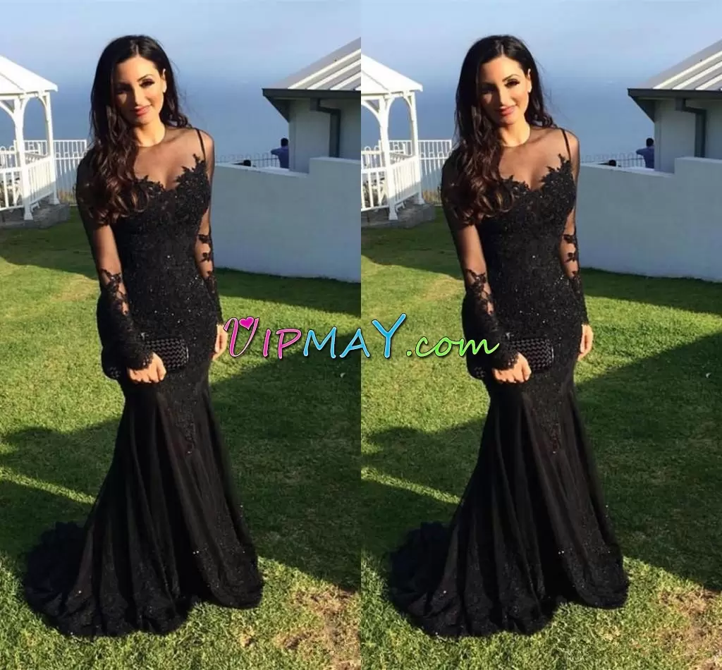 Mermaid Long Sleeves Black Prom Dress Sweep Train Lace Up