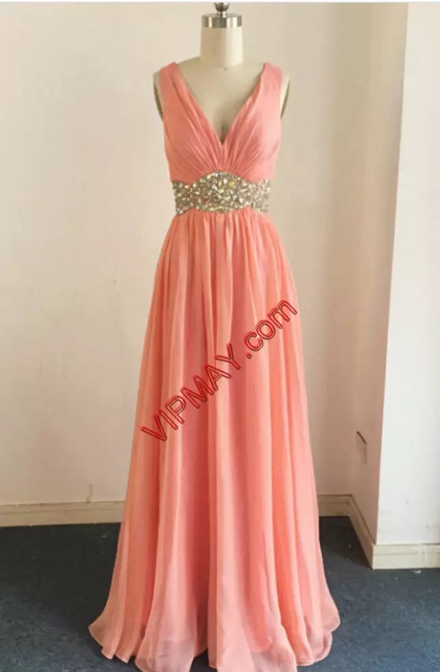 Deluxe Peach Sleeveless Beading Floor Length Homecoming Party Dress