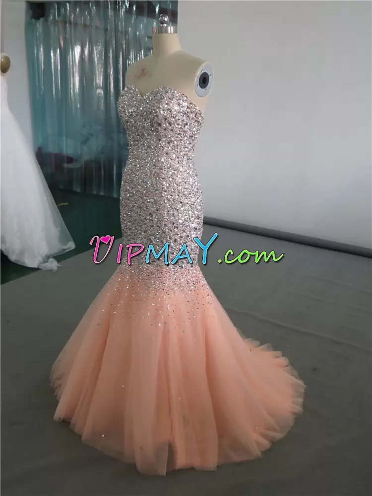 Orange Tulle Lace Up Homecoming Dress Sleeveless Floor Length Sweep Train Beading