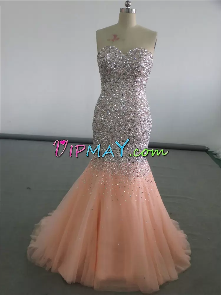 Orange Tulle Lace Up Homecoming Dress Sleeveless Floor Length Sweep Train Beading