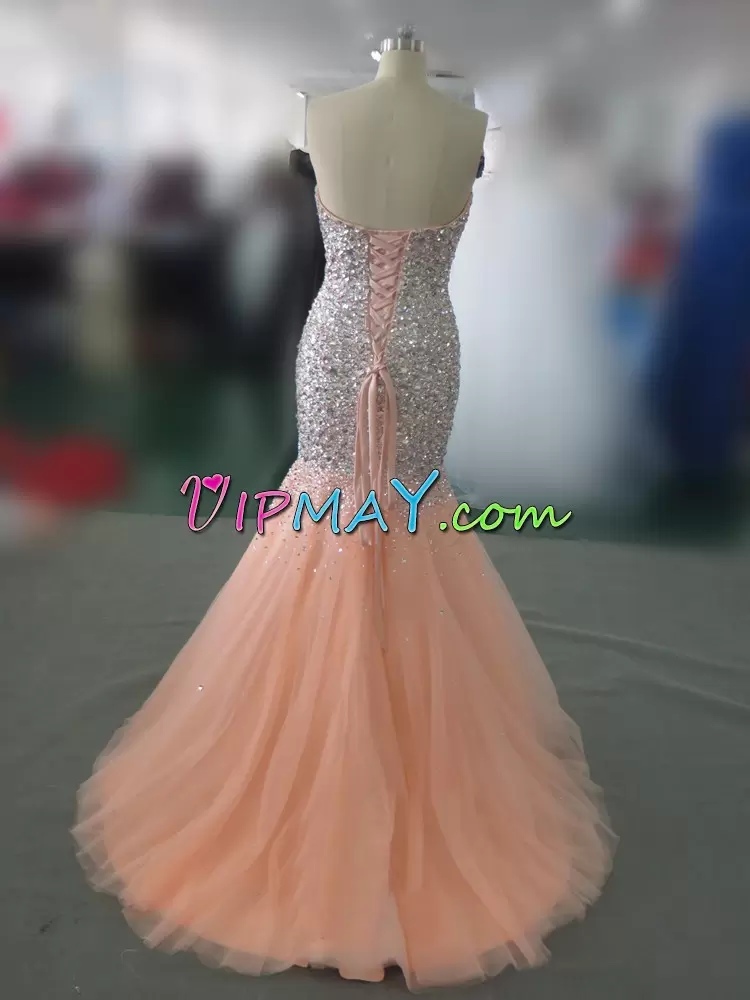 Orange Tulle Lace Up Homecoming Dress Sleeveless Floor Length Sweep Train Beading