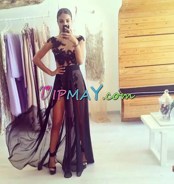 sexy party dress for women,long sexy homecoming dress,see through neckline homecoming dress,see through homecoming dress,cheap black dress for homecoming,all black homecoming dress,long chiffon homecoming dress,high slit homecoming dress,