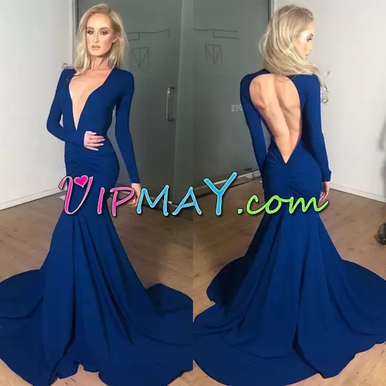 Flare Long Sleeves Floor Length Ruching Backless Homecoming Dresses with Navy Blue Court Train