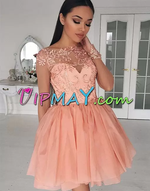 Custom Made Peach Zipper Prom Dress Beading and Lace Cap Sleeves Mini Length